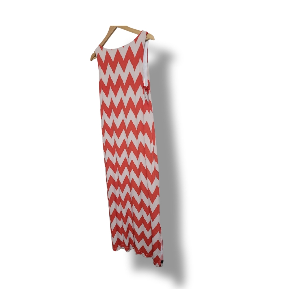 🌿Jessica Howard Women' Large Coral & Khaki Chevron Sleeveless Maxi Dress - Picture 9 of 12